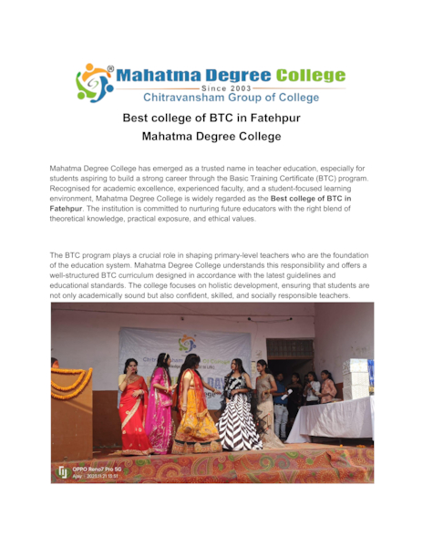 Download Best College of BTC in Fatehpur | Mahatma Degree College