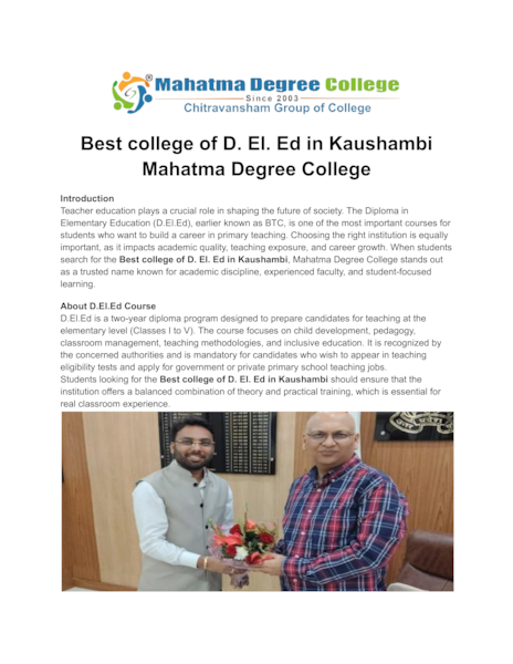 Download Best college of D. El. Ed in Kaushambi – Mahatma Degree College