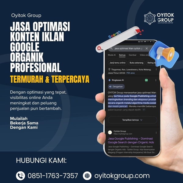 Download JASA OPTIMASI KONTEN IKLAN GOOGLE ORGANIK PROFESIONAL  Sudah rutin membuat konten promosi tapi hasilnya belum maksimal di Google? Bisa jadi strategi optimasi yang digunakan belum tepat. Dengan jasa optimasi konten iklan Google organik profesional, kamu bis